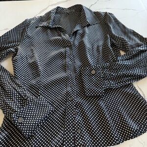 100% Silk Tahari Blouse Shirt Top Collar Long Sleeve Black Cream Polka Dot Sz M